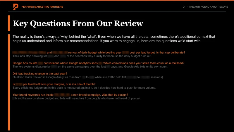 Sample slide: the key questions from our review, each with the evidence behind it. Campaign names and figures redacted.